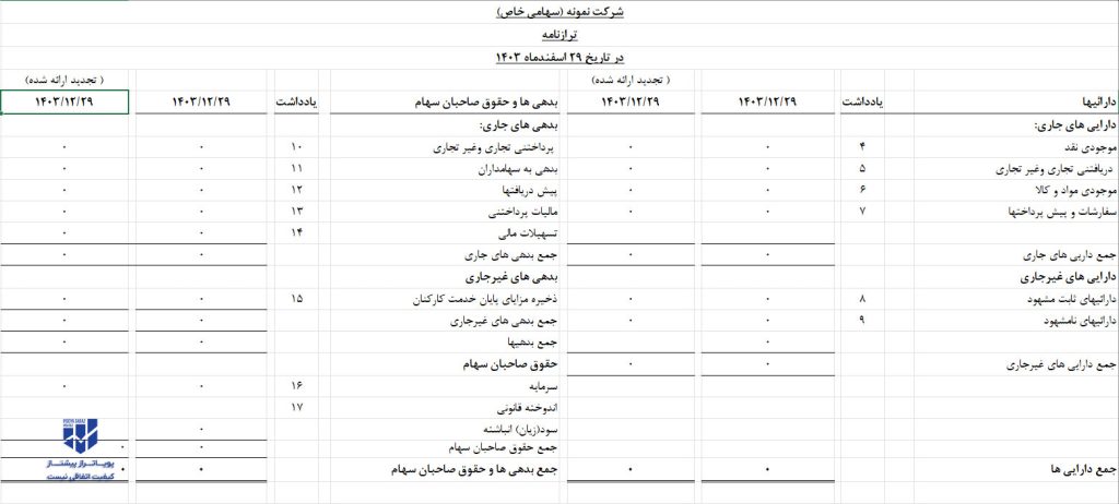 یک نمونه واقعی ترازنامه شرکت با جزئیات